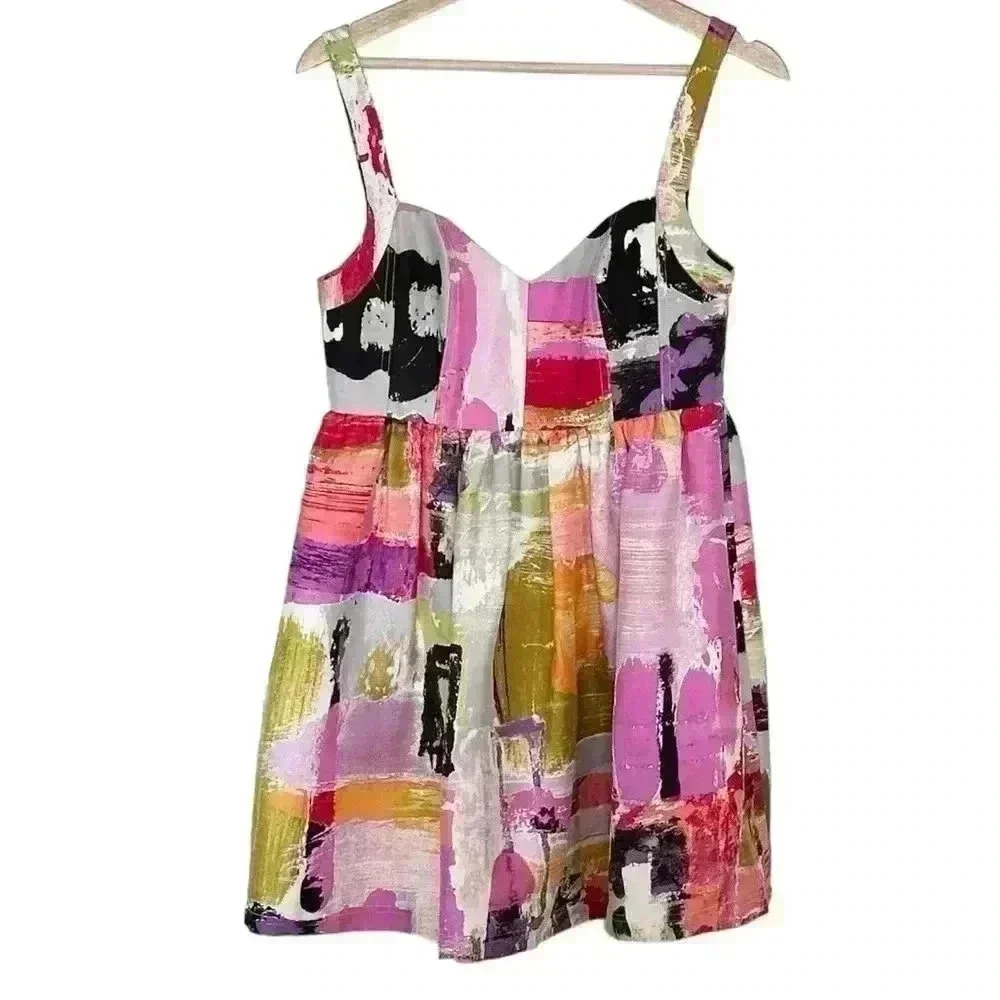 Ali Ro Abstract Painterly Print 100% Silk Mini Dress Multi-Color Size 6